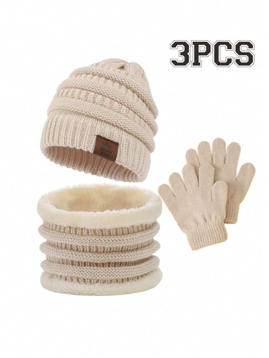 3pcs Kids Winter Knitted Hat Set, Boys Girls Toddlers Knit Beanie, Scarf, Gloves Warm Lining Suit - Beige - View 1
