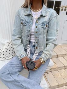 Women's Solid Color Distressed Front Button Frayed Hem Long Sleeve Denim Jacket - Blue - View 5