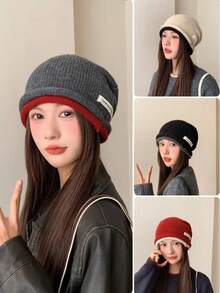 针织帽女士新款秋冬季保暖内衬加厚百搭针织帽大头围毛线帽保暖护耳冷帽字母波西米亚休闲优雅复古街头派对涤纶贴布毛线帽秋冬季
