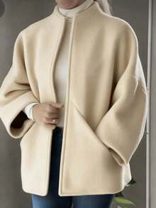 Elegant Women's Regular Length Lavender Woven Fabric Overcoat With Stand Collar And Drop Shoulder Wrist Sleeves