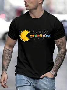 1pc Plus Size Men's Brand Creative Black Planet Print T-Shirt, Casual Style