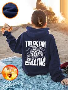 一件休闲印花连帽卫衣，适合青少年女孩和儿童，也适合学生在秋冬季穿着。长袖加厚抓绒设计，趣味沙滩海龟度假风卫衣，经典百搭，适合日常穿着！ - 藏蓝色 - 查看 8