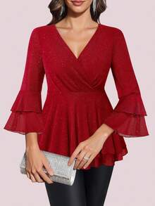 女士优雅荷叶边七分袖亮片上衣 - 酒紅色 - 查看 2