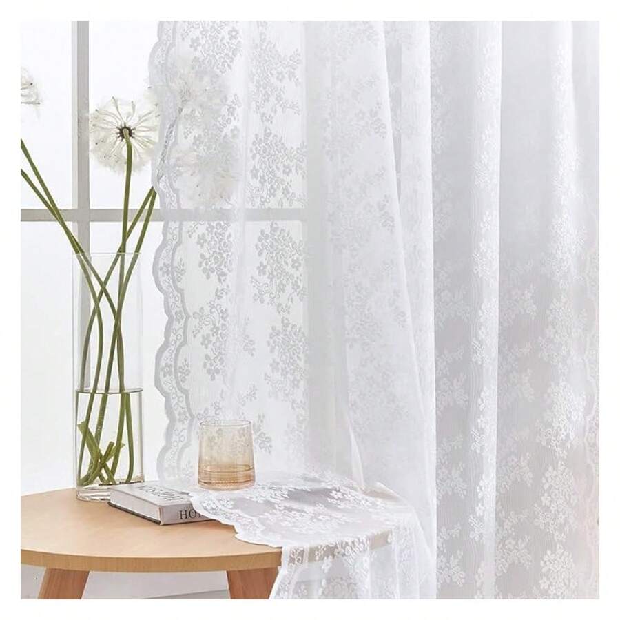 White Lace Curtains 63 Inch Lengthof 2 French Elegance Floral Semi Sheer Curtain Panels Antique Short Victorian Curtains Rod Pocket Light Filtering 52 X 63 Inch White - 多色619 - 查看 1