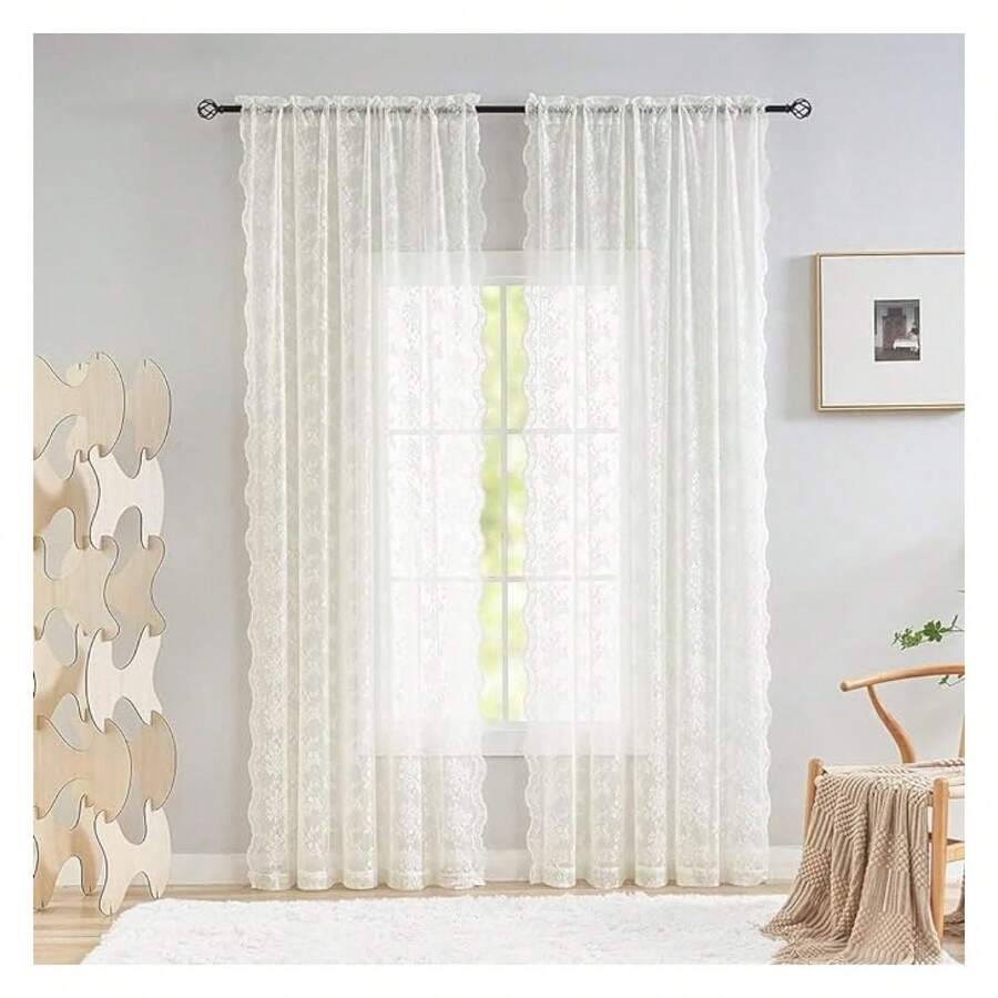 Sheer Curtains 80 Inch Length For Living Room 2 Panels Country Lace Closet Curtains Doorway Curtains Privacy Room Divider For Room Separation Country Farmhouse Decor /Cream - 多色636 - 查看 1