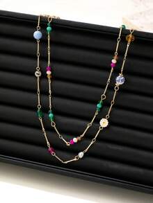 1pc Bohemian Double-Layer Floral & Ceramic Bead Decor Long Sweater Chain Necklace, Versatile Daily Wear For Women - Multicolor - View 3