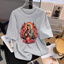 Young Girl Virgin Mary Graphic Round Neck Short Sleeve Casual T-Shirt