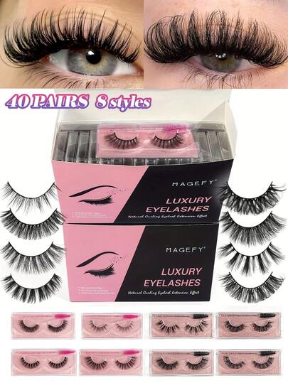 MAANGE 20/40对自然交叉浓密假睫毛，4种款式，配20/40支睫毛刷，卡通风格，可重复使用，新年礼物，圣诞节睫毛礼盒套装，约会礼物（女士适用），送给女友、妻子、母亲的礼物，生日礼物，派对礼物，礼盒包装