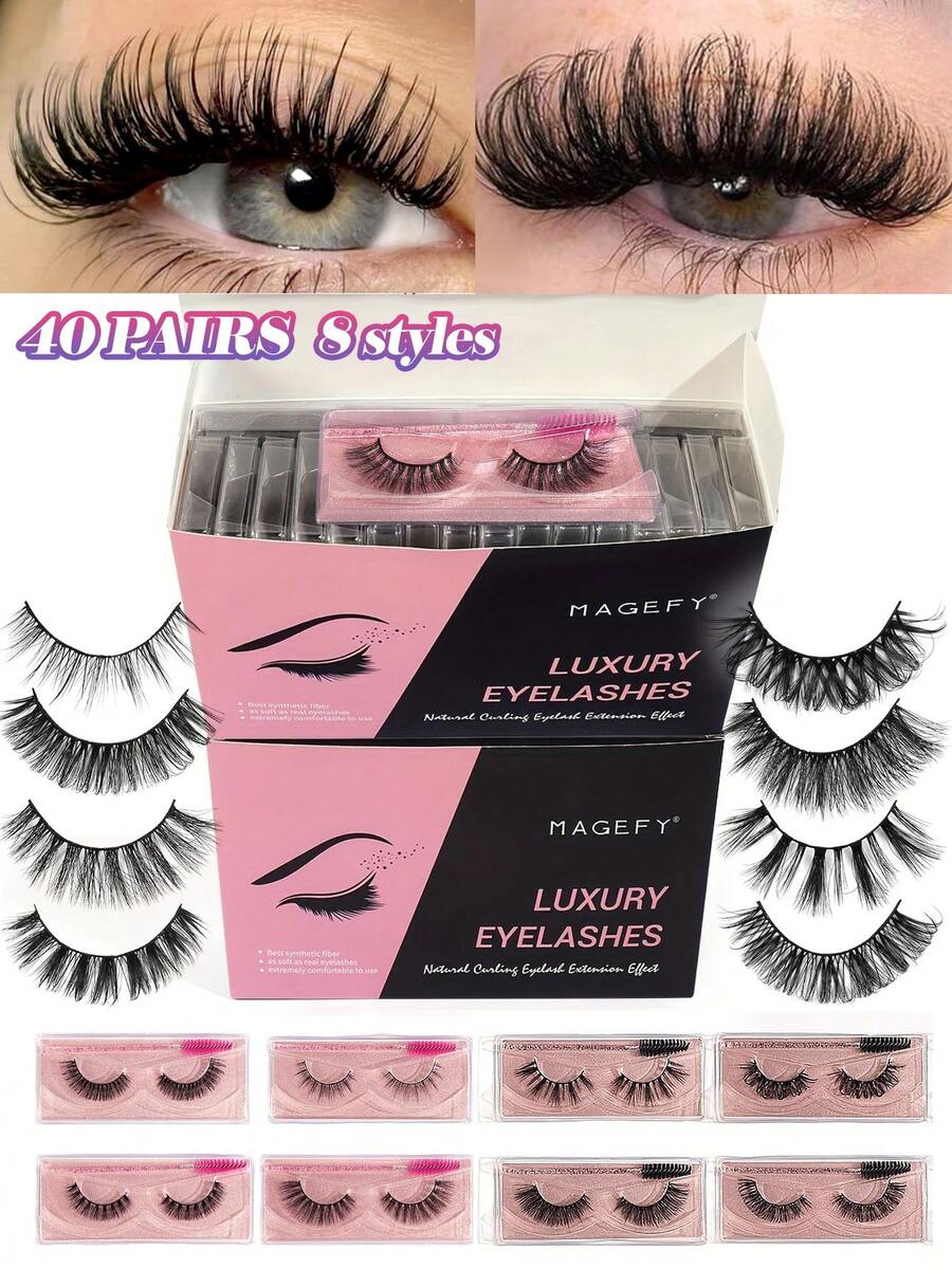 MAANGE 20/40对自然交叉浓密假睫毛，4种款式，配20/40支睫毛刷，卡通风格，可重复使用，新年礼物，圣诞节睫毛礼盒套装，约会礼物（女士适用），送给女友、妻子、母亲的礼物，生日礼物，派对礼物，礼盒包装