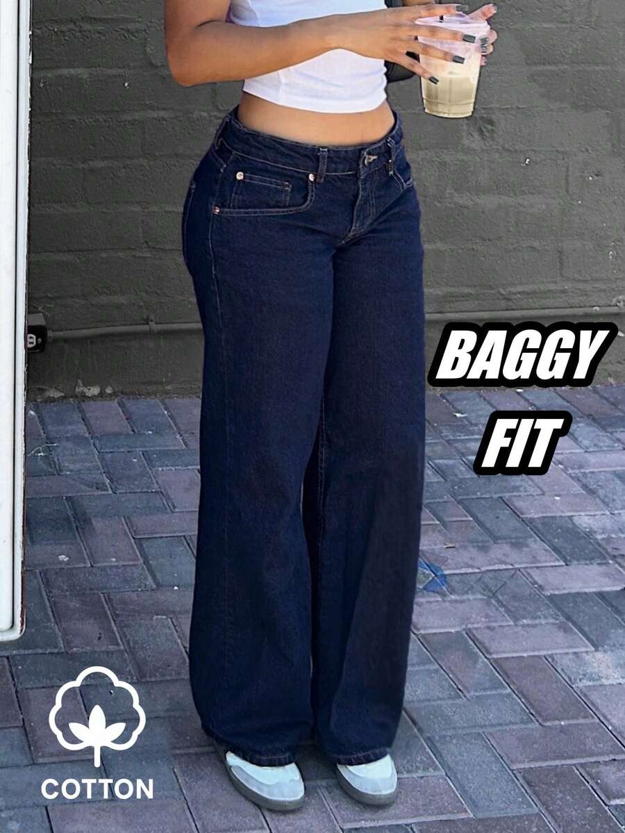 Baggy Low Waist Wide Leg Jeans Casual Y2k School Streetwear Outfits Fall Clothes - 深色水洗藍 - 查看 1