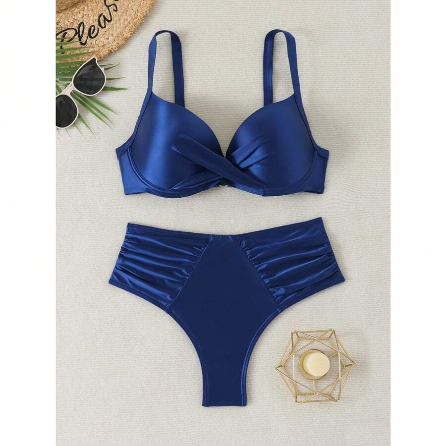 RWX VEST Plus Size Bikini With Structured Cups And High-Waisted Ruched Bottom 2025 XX557 - Màu xanh hải quân - Xem 1