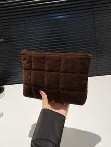 秋冬时尚绗缝格纹加厚化妆包，哑光休闲手拿包，保暖羽绒收纳袋，带内衬，旅行配件包，化妆包，洗漱包，旅行必备，邮轮必备，度假必备，男女通用 - 咖啡 - 查看 9