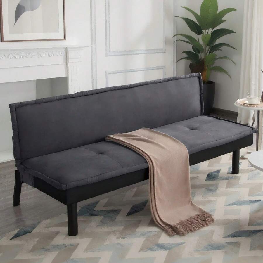64.6" Futon Convertible Sofa Bed, Twin-Size Sleeper Sofa, With 5 Positions Adjusted Backrest, Velvet Upholstery, For Home, Office, Or Guest Room, Dark Gray - 深灰色 - 查看 1