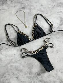 Women's Sexy Vintage Bombshell Beach Party Travel Swimming Leopard Print & Solid Color Backless Tie Bikini Set, Fashionable, Spring/Summer New Arrival - Black - View 1