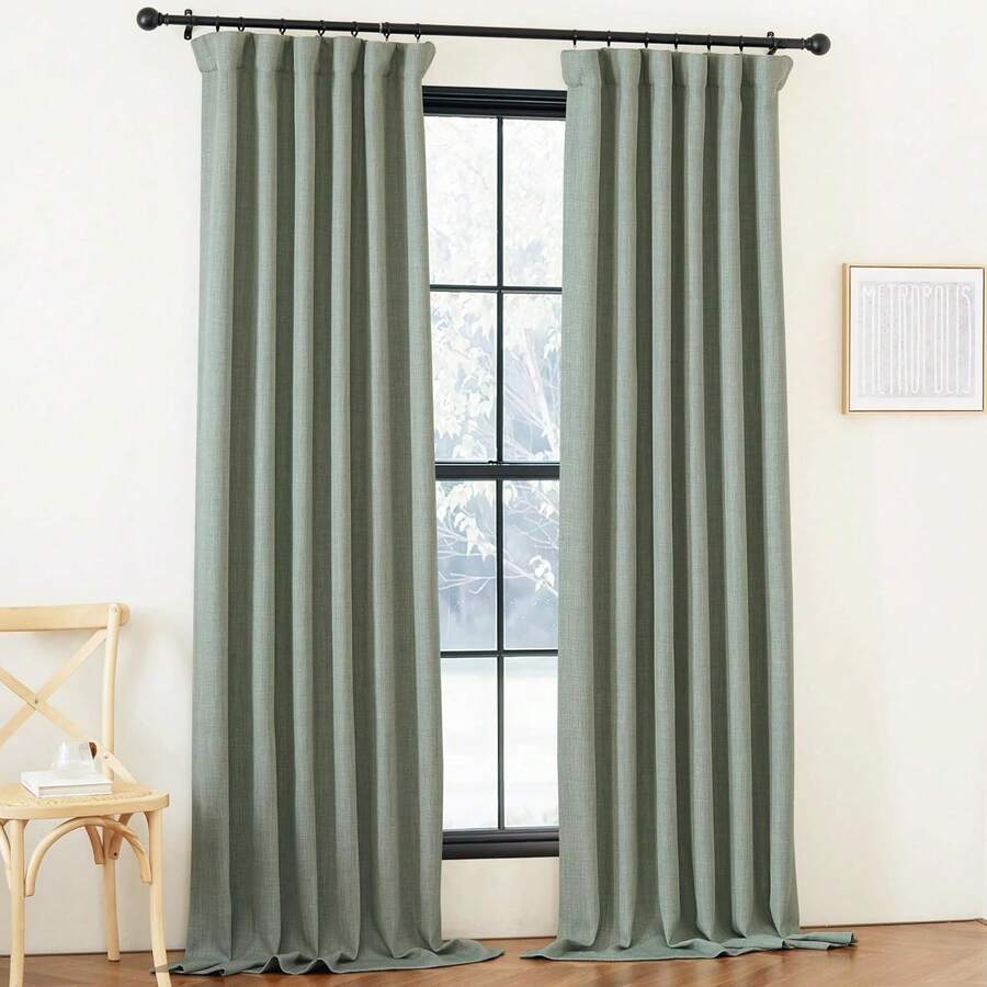 2025 Bedroom Curtains 2 Panels Sets Faux Linen Textured, Pinch Pleated Room Darkening Light/Heat Blocking Window Drapes Thermal Insulated For Living Room, Angora, W50 X L108, 2 Panels - Sage Green - 查看 1