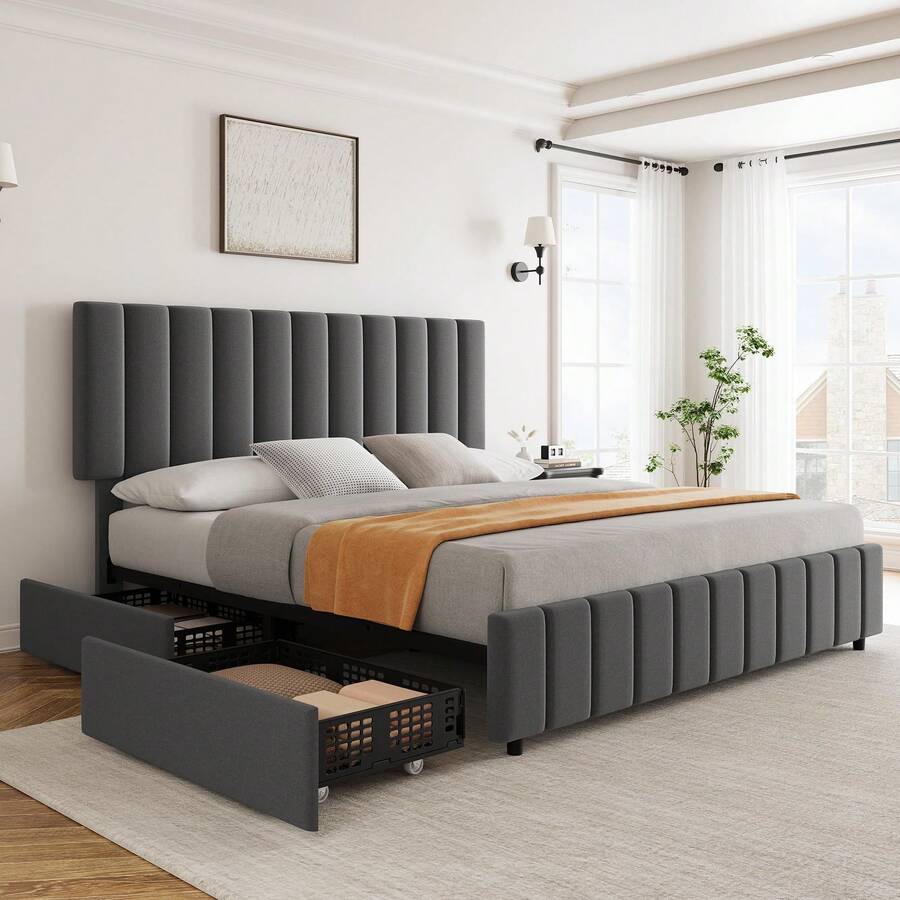 Estructura de cama tapizada con 4 cajones, plataforma de cama de terciopelo tamaño matrimonial con cabecera ajustable de lino, soporte de listones de madera, no necesita somier, color gris. - Gris - Ver 1