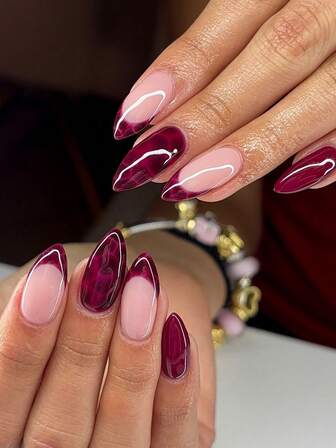 10 Pieces Of Handcrafted Press-On Almond-Shaped Short Nails, French Tip Nails, False Nails, Almond Nails, Red Nails, Pink Nails, Brown Nails, White Nails, Black Nails, Leopard Print Nails, Cute Nails, With Hand-Painted Gradient Stripes And Small Flower Decorations On The Nail Surface, Featuring Double Star Ornaments And Diamond Accents, Elegant And Cute Style, Comes With Nail Tools, Suitable For Women And Girls' Press-On Short Nails.