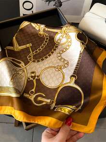 1条女士奢华印花真丝方巾，尺寸27.5英寸x27.5英寸，时尚百搭，适合日常佩戴，春季也可搭配连衣裙。 - 棕色 - 查看 4