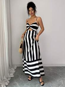 Women's Casual, Elegant & Daily Striped Smocked Backless Camisole Long Dresses For Travel, Vacation, Summer, Spring-Summer & Valentine's Day - Black and White - View 4