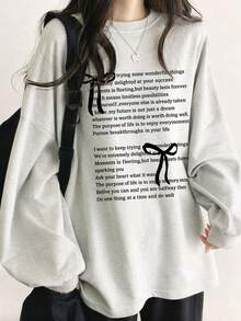 女士灰色字母印花长袖圆领T恤，休闲百搭，初秋 - 灰色 - 查看 1