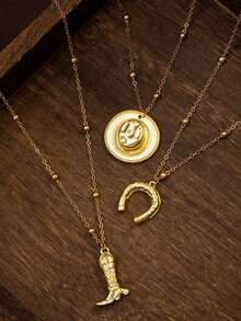 Set Of 3/1pc: Vintage Western Cowboy Style 3D Cowgirl Boots With Horseshoe Pattern, Cowboy Hat, Simple Silver-Color Chain Necklace - Gold - View 3