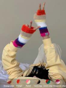 Guantes de punto para mujer con rayas de felpa, guantes sin dedos de invierno cálidos con rayas de colores contrastantes, guantes de punto de medio dedo cortos para exteriores, ciclismo, Accesorios de invierno, Guantes de oso, Navidad