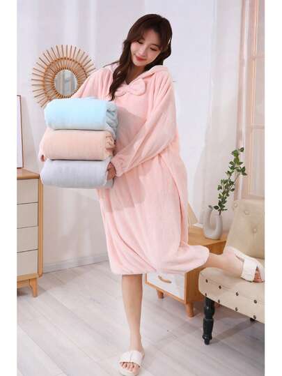 Bata larga con capucha de felpa de coral, bata de baño de unicolor gruesa y esponjosa con lazo, suave, absorbente y de secado rápido, holgada, adecuada para otoño/invierno