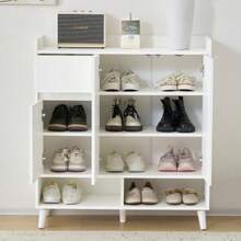 Dresser/Sideboard/Shoe Rack With Adjustable Shelves – Minimalist Home Organizer With Solid Wood Legs – Dimensions: H 99cm X W 90cm X D 35cm - White - View 2