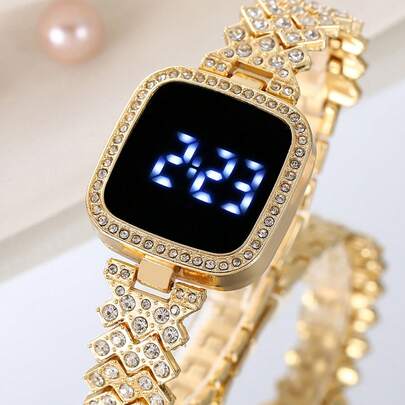 LED Touch Screen Digital Bracelet Watch, Luxury Crystal Rhinestone Women Wristwatch
