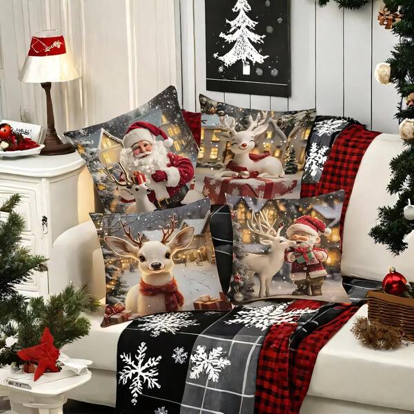 4 pezzi Federe per cuscino in poliestere morbido e confortevole con stampa di scene natalizie innevate, Babbo Natale, renne e gnomi, 45x45cm (17,72x17,72 pollici), con chiusura lampo, lavabili in lavatrice, adatte per la decorazione della casa, soggiorno, camera da letto, veranda, giardino, all'aperto, decorazione natalizia invernale (solo federe - inserto non incluso)