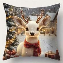 4 sztuki poszewek na poduszki z motywem świątecznej, śnieżnej scenerii z motywem Świętego Mikołaja i renifera, wykonane z miękkiego i wygodnego poliestru, 45 x 45 cm (17,72 x 17,72 cala), zapinane na zamek błyskawiczny, nadające się do prania w pralce, odpowiednie do wystroju domu, salonu, sypialni, werandy, ogrodu, na zewnątrz, jako dekoracja na zimowe święta (same poszewki na poduszki – wkładka nie jest dołączona)