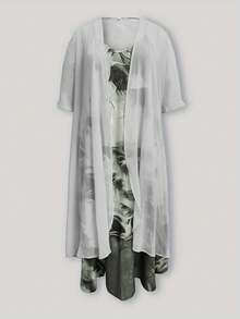 Đầm không tay họa tiết lông vũ cổ chữ V thanh lịch dành cho nữ cỡ lớn kèm áo khoác cardigan chiffon tay 3/4, trang phục hai mảnh, phù hợp cho mùa xuân, hè, thu - Xám - Xem 2