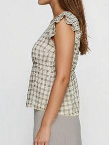 Women's Plaid Tank Tops Summer Fashionable Cute Square Neck Sleeveless Ruffle Shirt - 黃色 - 查看 6