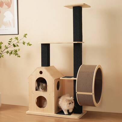 Krabpaal, kattenrol met loopwiel, kattenhuizen, kattenloopwiel met plateaus, sisalpalen en wasbare krabmatten, ideaal voor actieve katten en huishoudens met meerdere katten