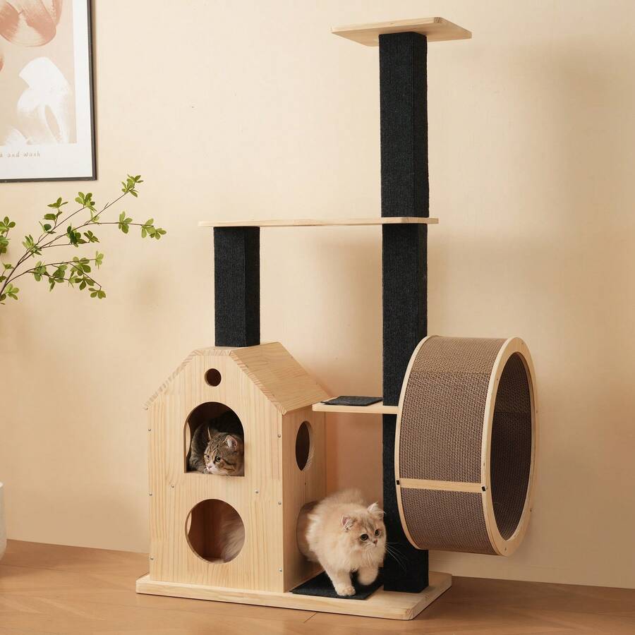 Cat Tree, Cat Roller With Exercise Wheel, Cat Houses, Cat Exercise Wheel With Platforms, Sisal Posts And Washable Scratching Mats, Ideal For Active Cats And Multi-Cat Households - 棕色 - 查看 1