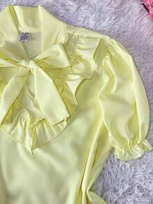 Women's Short-Sleeved Blouse With Puff Sleeves, Ruffles, And Bow - Size 4 - Light Yellow - View 6