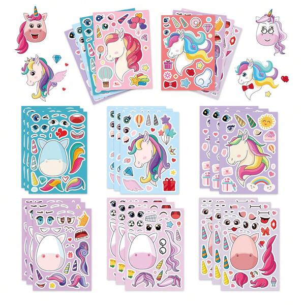 8 piezas de pegatinas aleatorias con cara de unicornio, dibujos animados originales y lindos, pegatinas educativas de bricolaje para scrapbooking para niños