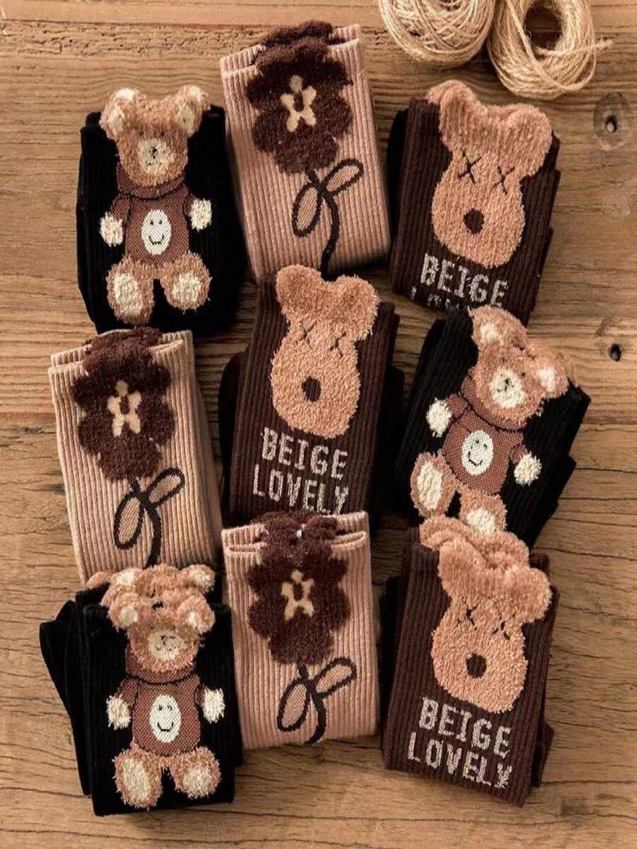 3 双/1 双羽毛薄纱熊设计女士中筒袜，可爱蓬松时尚百搭长袜，秋冬 - 彩色 - 查看 1