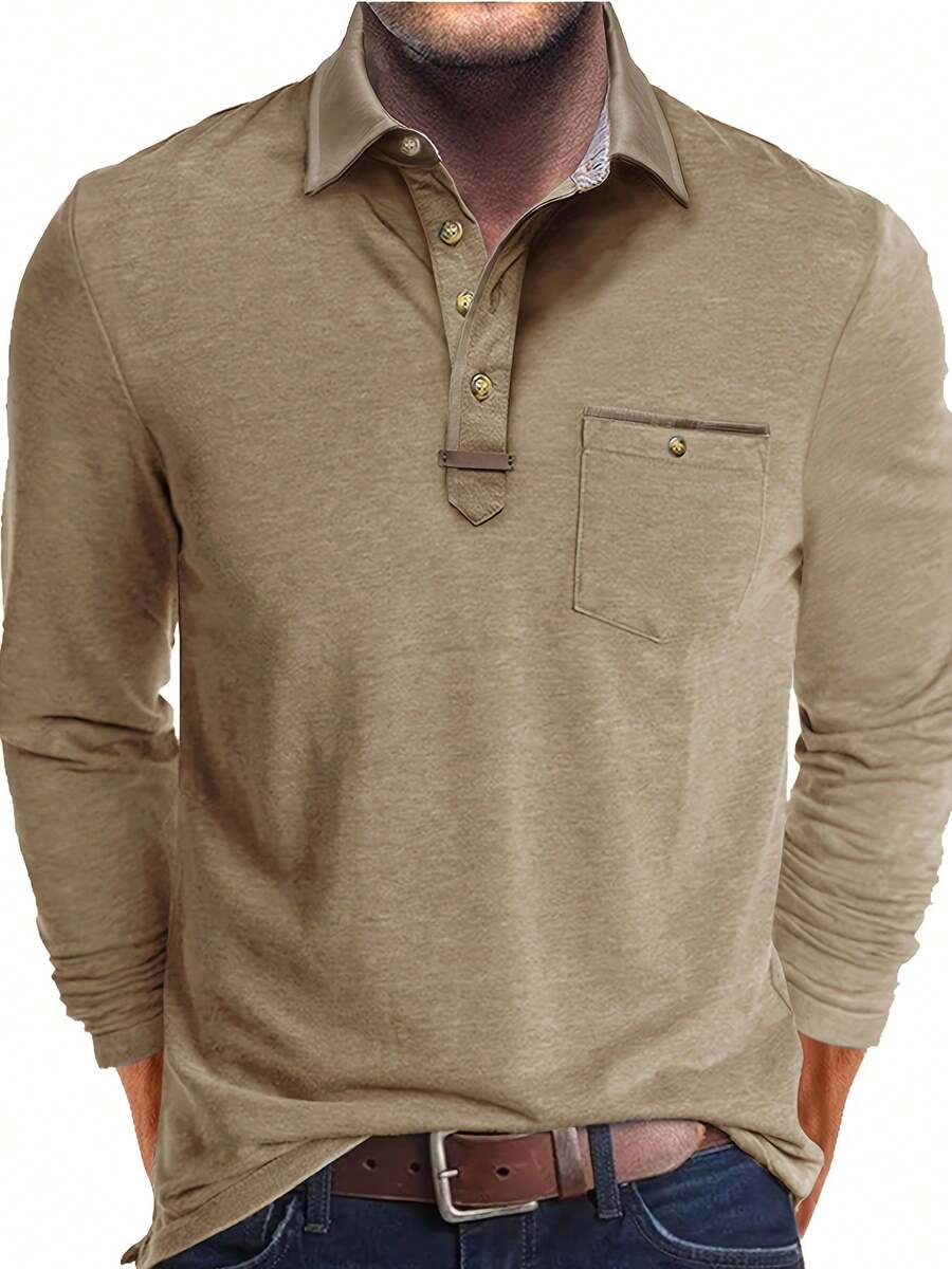 Plus Size Men's Long Sleeve Polo Shirt, Fashionable Turndown Collar Pocket Henley Top - Apricot - View 1
