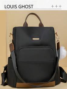 Damen Kontrast-Lässig Rucksack mit großer Kapazität, einfach und vielseitig als Schultertasche, Studentenrucksack, Mama-Tasche, Pendlertasche, geeignet für Reisen, Studentendesign, Temperament, mit Fellbommel-Anhänger, Schulrucksack