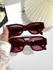 1pc Small Frame Various Shapes Fashion Glasses Retro Personalized Versatile Men's And Women's Fashion Glasses Wine Red Glasses Suitable For Daily Wearing Street Photography Jealousy Ah Travel Summer Beach Accessories Women's Accessories Autumn And Winter Outfit Festival/Birthday/Girlfriend Gift - 酒紅色 - 查看 6