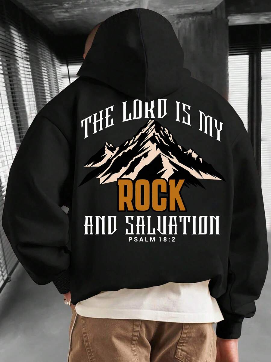 Men'S Christian Faith Hooded Sweatshirt - The Lord is My Rock and Salvation Psalm 182 Bible Verse Print, with Mountain Graphic - Negro - Ver 1