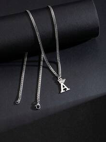 1 Pc Crown Initial Pendant Necklace Teenagers Stainless Steel 26 Alphabet Necklace Birthday Gift - Silver - View 3