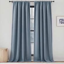 2025  Bedroom Curtains 2 Panels Sets Faux Linen Textured, Pinch Pleated Room Darkening Light/Heat Blocking Window Drapes Thermal Insulated For Living Room, Angora, W50 X L108, 2 Panels - 霧藍色 - 查看 3