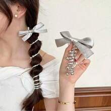 2 Pcs Bow Spiral Hair Ties Silver Bowknot Braided Telephone Wire Hair Bands Elastic Ponytail Holders Phone Cord Hair Scrunchies Hair Accessories For Women - 銀色 - 查看 7