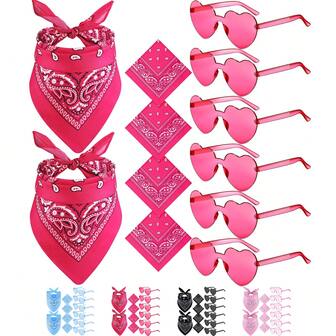 12pcs/Set Western Costume Accessories 6 Paisley Bandanas And 6 Heart Glasses Cowboy Novelty Bandanas Rimless Transparent Heart Glasses For Women Men Western