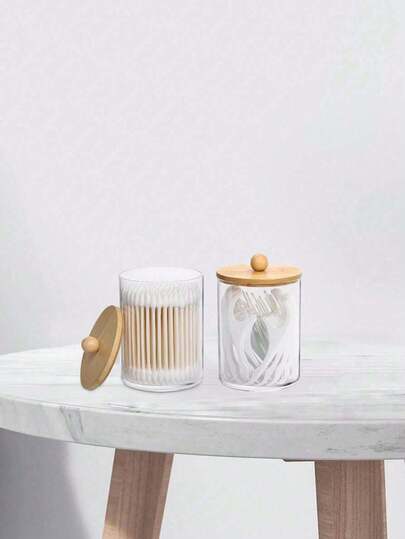 1 Stück tragbarer Wattestäbchen-Spender - Klarer Kunststoff-Apothekerglas-Behälter mit Bambusdeckel für Schminktisch-Aufbewahrungsorganisation, Badezimmer-Accessoires - Freistehend, kompakt und leicht zu tragen für Wattestäbchen, Bälle, Pads und Zahnseide-Aufbewahrung