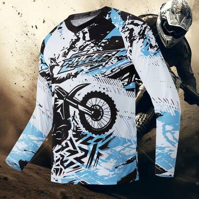 TELEYI Team RAC Motocross Racing Jersey, Polyester 100% Breathable Moisture-Wicking Long Sleeve V-Neck Top With Raglan Sleeves For Cycling, Hiking & Outdoor Activities - Laser Cut Print Design, Motorcycle Riding Gear