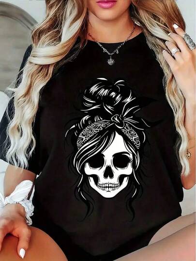 Camiseta moderna y cómoda para jóvenes con diseño elegante de , ideal para el día a día, con estampado casual y dibujos de cabello. Mujer casual estampado calavera femenina con pañuelo contraste ajuste suelto cuello redondo manga corta otoño calle camiseta