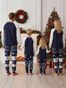 Christmas Family Matching Pajamas Set Letter Tree Pattern Long Sleeve Round Neck Tops And Pants Parent Child Loungewear - Blue - View 2